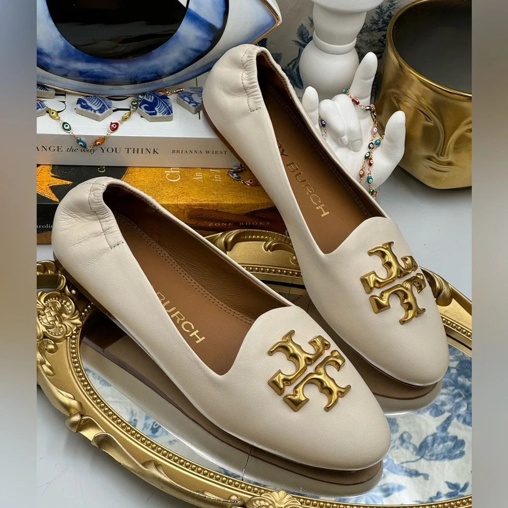 🆕 TORY BURCH 🧿 NWOB Eleanor White Leather Smoking Slipper Loafers, Sz US 6